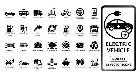 Electric vehicle solid icon set. Featuring electric car, bus, truck, scoote.. 스톡 일러스트