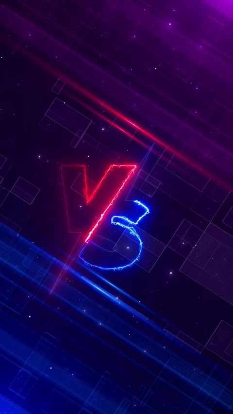 Electric versus glowing red blue split symbols, cosmic purple depth, abstract Stock Footage 334105919