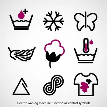 Electric washing machine functions &amp;amp; control symbols  Stock Illustration