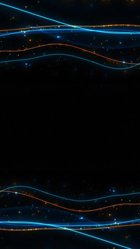Electric wave border backdrop cyan amber light trails, floating particles, empty Stock Footage 334105029