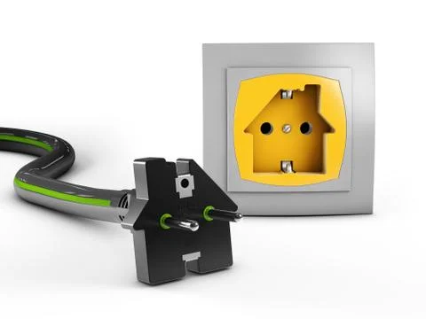 Electric white socket and black plug in the form of house. 3d Illustration Stock Illustration