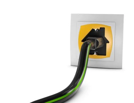 Electric white socket and black plug in the form of house. 3d Illustration Stock Illustration