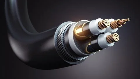 Electric wire cable structure. Armored submarine copper  electric cable on .. Stock Photos