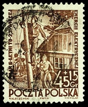 Electric wire construction on postage stamp Stock Photos
