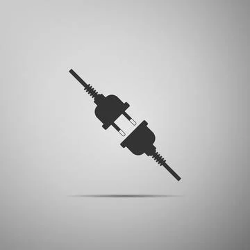 Electric wire plug and socket icon isolated on grey background. Flat design.. Illustrazione stock