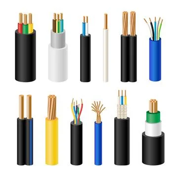 Electric wire, realistic electronic copper cable, colorful rubber insulatio.. 스톡 일러스트