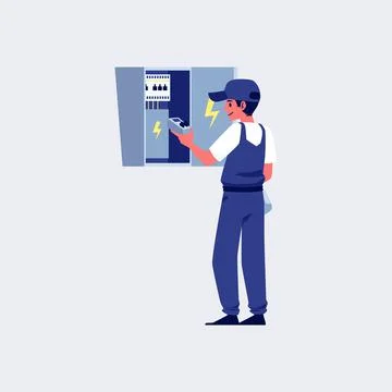 Electric worker fixing wiring in switchboard, flat vector illustration isolated. Stock Illustration