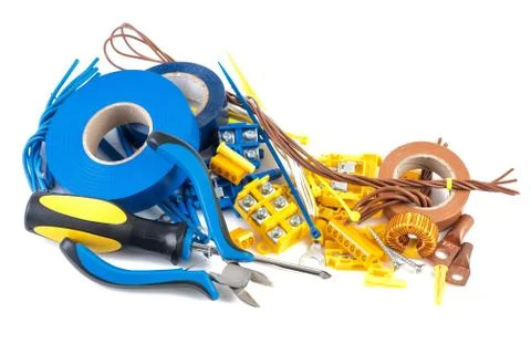 Electrical accessories and hand tools isolated on white Stock Photos