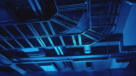 Electrical and air ventilation system communications with cables and metal pipes Stock Footage 199057679