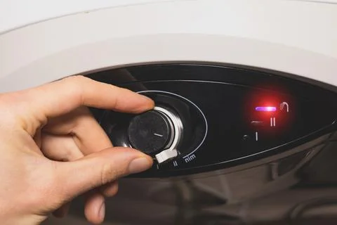 Electrical boiler control panel for hot water heating. Close up view. Stock Photos