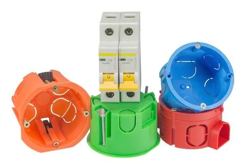 Electrical boxes with components Stock Photos