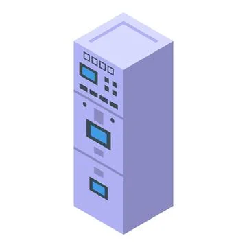 Electrical cabinet showing multiple circuit breakers and controls for power.. Illustrazione stock