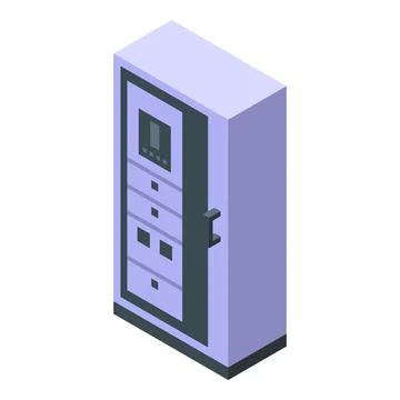 Electrical cabinet standing with closed door and digital display showing wo.. Illustrazione stock