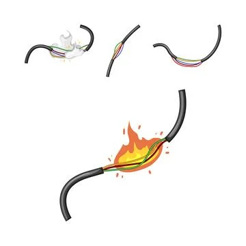 Electrical cable damage process causing short circuit fire ignition Stock Illustration