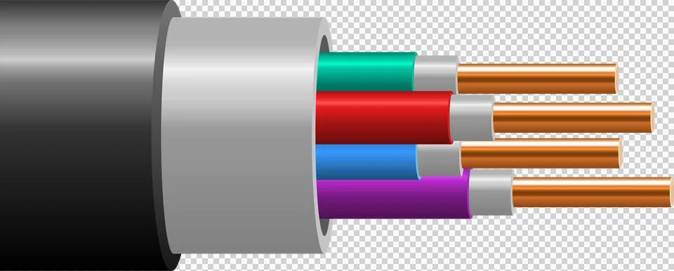 Electrical cable with multiple colored wires, conductors and protective out.. Stock Illustration