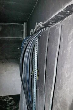 Electrical Cables in a Basement After a Fire Foto stock
