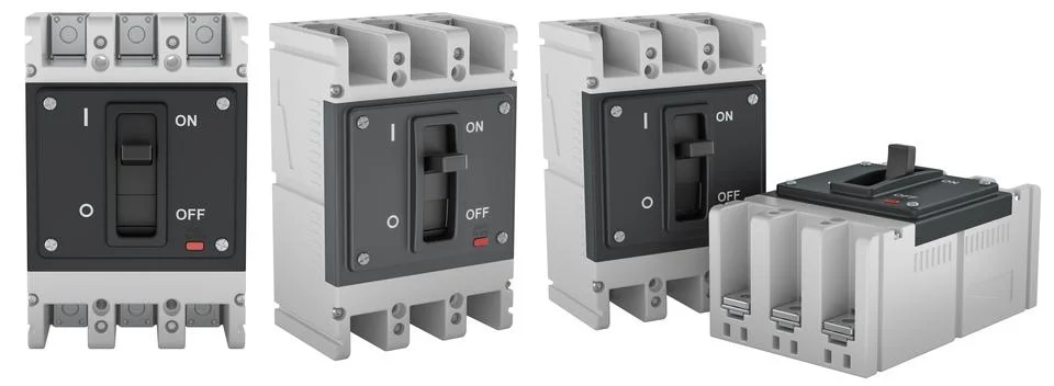 Electrical circuit breaker in multiple views with different toggle position.. Stock Illustration