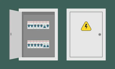 Electrical circuit breaker panel with open and closed doors Stock Illustration