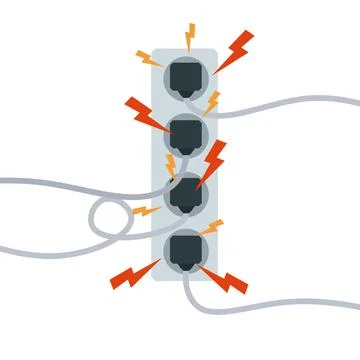 Electrical circuit. Shock, red lightning and yellow sparks from the outlet. Illustrazione stock