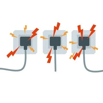 Electrical circuit. Shock, red lightning and yellow sparks from the outlet. Illustrazione stock