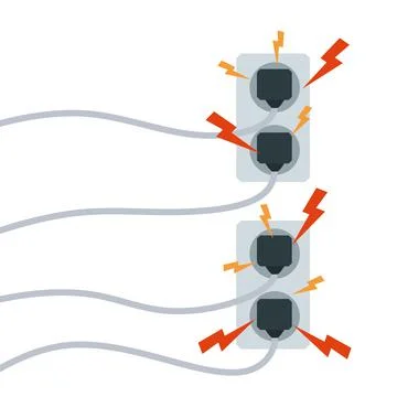 Electrical circuit. Shock, red lightning and yellow sparks from the outlet. Illustrazione stock