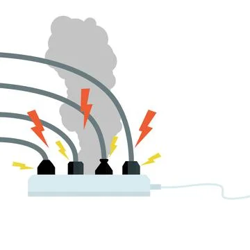 Electrical circuit. Shock, red lightning and yellow sparks from the outlet. Illustrazione stock