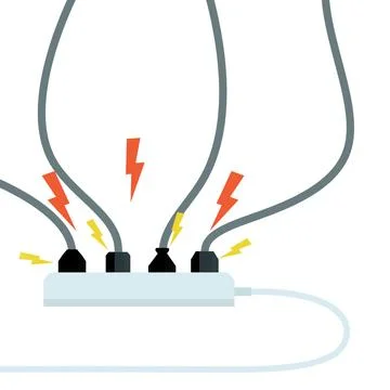 Electrical circuit. Shock, red lightning and yellow sparks from the outlet. Illustrazione stock