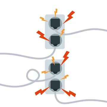 Electrical circuit. Shock, red lightning and yellow sparks from the outlet Illustrazione stock