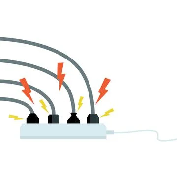 Electrical circuit. Shock, red lightning and yellow sparks from the outlet. Illustrazione stock