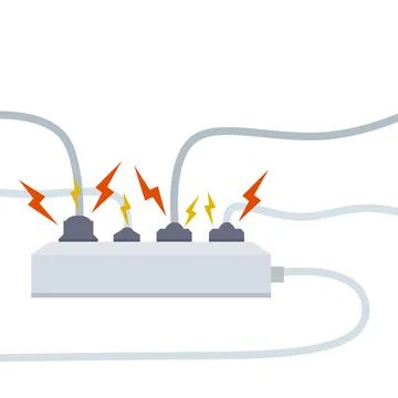 Electrical circuit. Shock, red lightning and yellow sparks from the outlet. Illustrazione stock