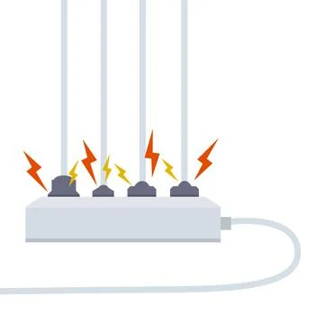 Electrical circuit. Shock, red lightning and yellow sparks from the outlet. C Illustrazione stock