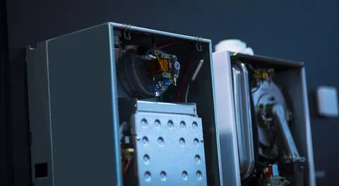 Electrical coil in the distribution panel with wires. Small electromagnet. El Stock Photos