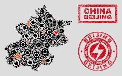 Electrical Collage Beijing City Map and Snow and Scratched Stamp Seals Illustrazione stock