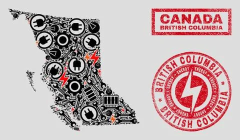 Electrical Collage British Columbia Map and Snowflakes and Scratched Seals Illustrazione stock