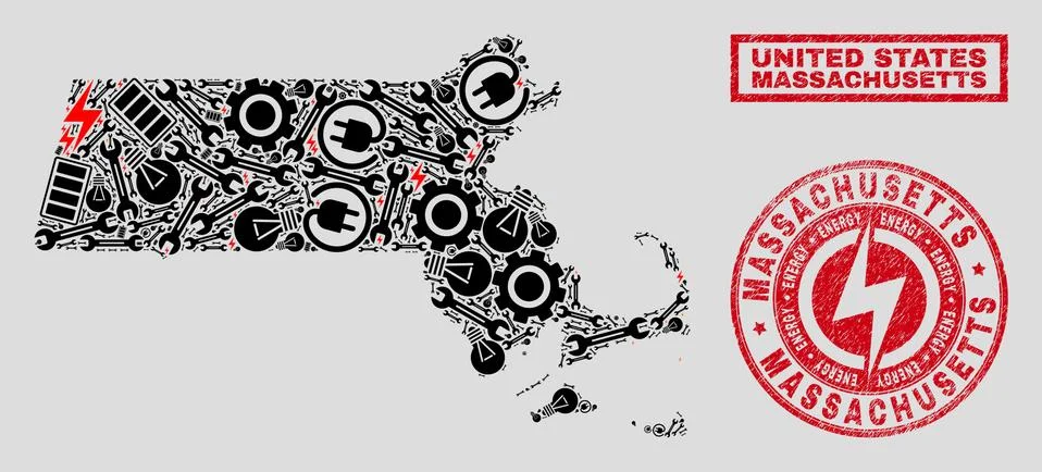 Electrical Collage Massachusetts State Map and Snow and Textured Stamp Seals Stock Illustration