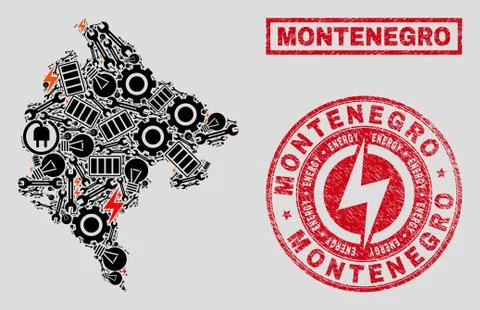Electrical Collage Montenegro Map and Snowflakes and Distress Stamps Illustrazione stock