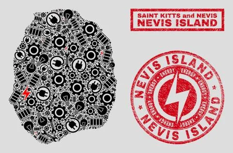 Electrical Collage Nevis Island Map and Snowflakes and Grunge Stamp Seals Stock Illustration