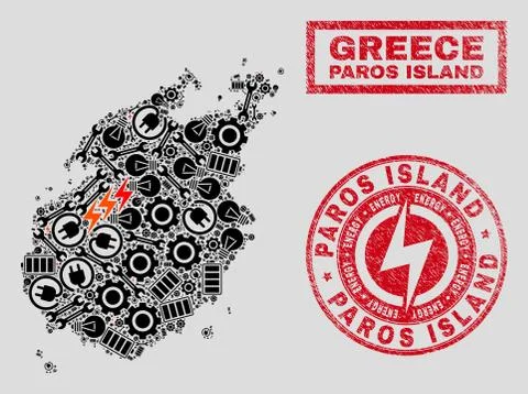 Electrical Collage Paros Island Map and Snowflakes and Distress Stamp Seals Stock Illustration