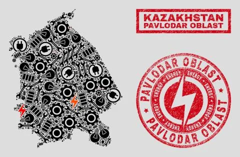 Electrical Collage Pavlodar Region Map and Snow and Grunge Stamp Seals Illustrazione stock