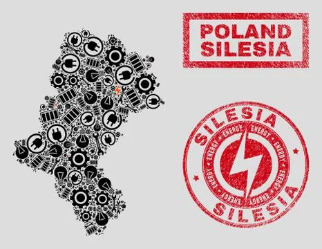 Electrical Collage Silesian Voivodeship Map and Snowflakes and Grunge Seals 스톡 일러스트