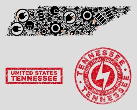 Electrical Collage Tennessee State Map and Snowflakes and Scratched Stamp Seals 스톡 일러스트