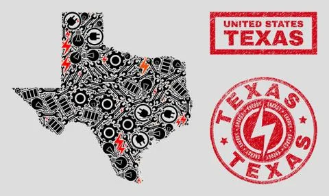 Electrical Collage Texas State Map and Snowflakes and Textured Stamps Illustrazione stock