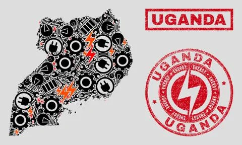 Electrical Collage Uganda Map and Snowflakes and Distress Seals Stock Illustration