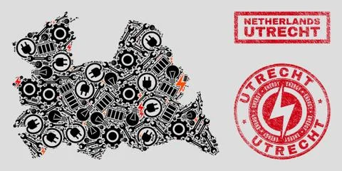 Electrical Collage Utrecht Province Map and Snowflakes and Grunge Stamp Seals Stock Illustration