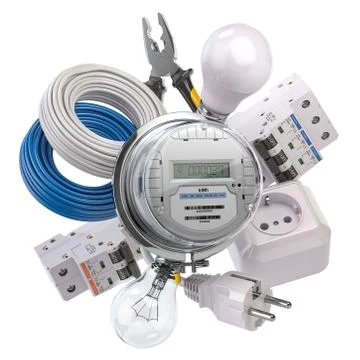 Electrical components and equipment isolated on white background. Electric me Stock Illustration