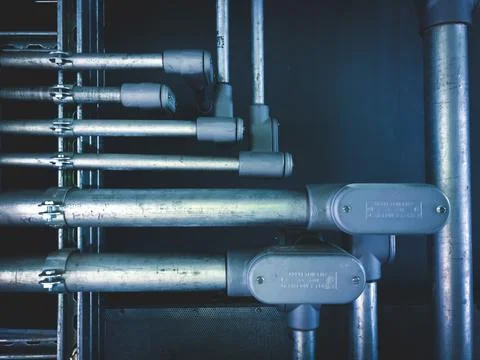 Electrical conduit forming a pattern of lines on a wall. Foto stock