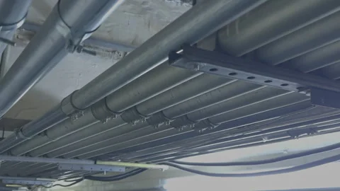 Electrical Conduits and Wiring Installation in Ceiling, Industrial Construction 库存影片 335119650