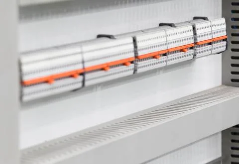 Electrical control Cabinet with controller and circuit breakers. Stock Photos