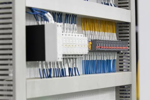 Electrical control Cabinet with controller and circuit breakers. Stock Photos