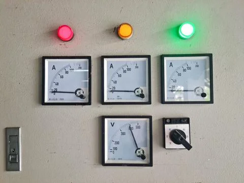 Electrical control panel with analog meters and signal lights. Industrial p.. Fotos de archivo